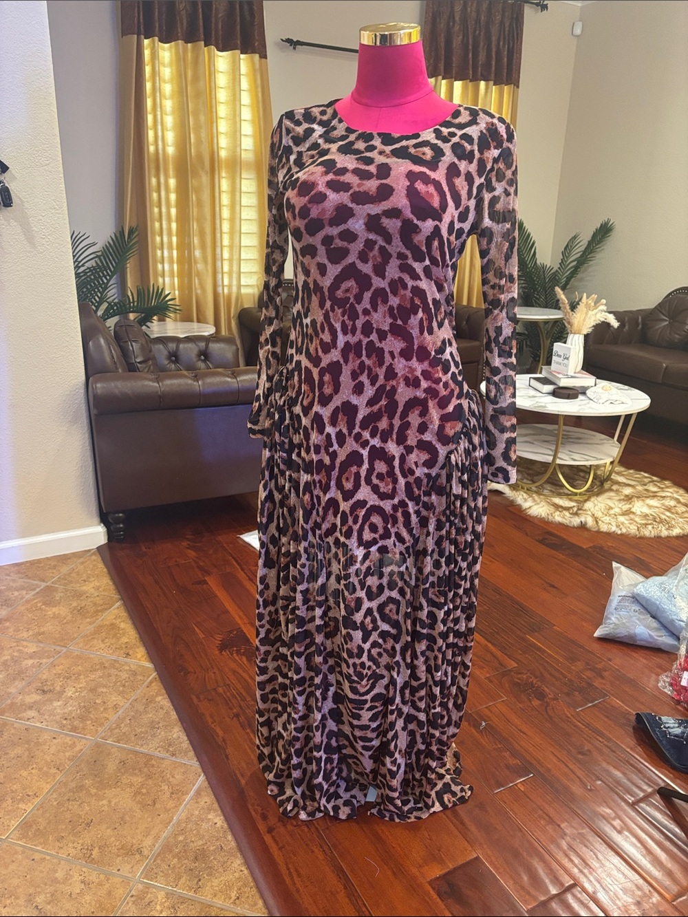 Long Sleeve Leopard Print Maxi Dress in Pink